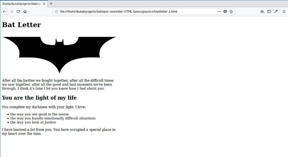 编写你的第一行 HTML 代码，来帮助蝙蝠侠写一封情书