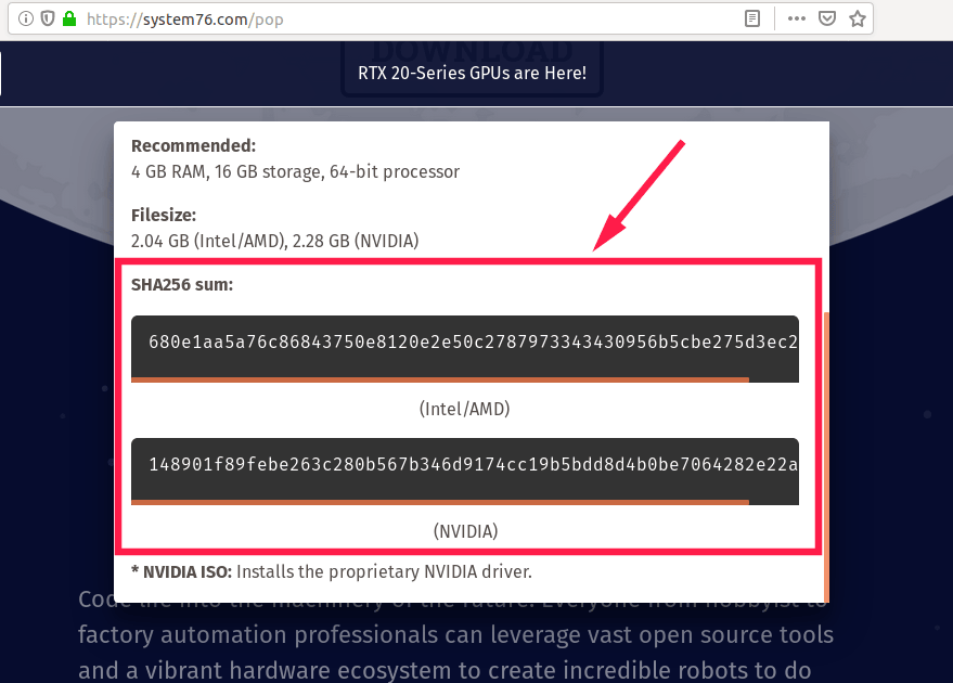 Pop os 位于其下载页面中的 SHA256 校验和