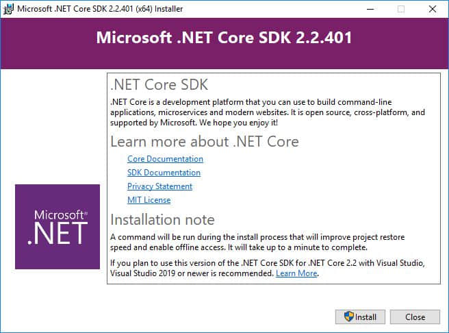 Installing dotnet on Windows