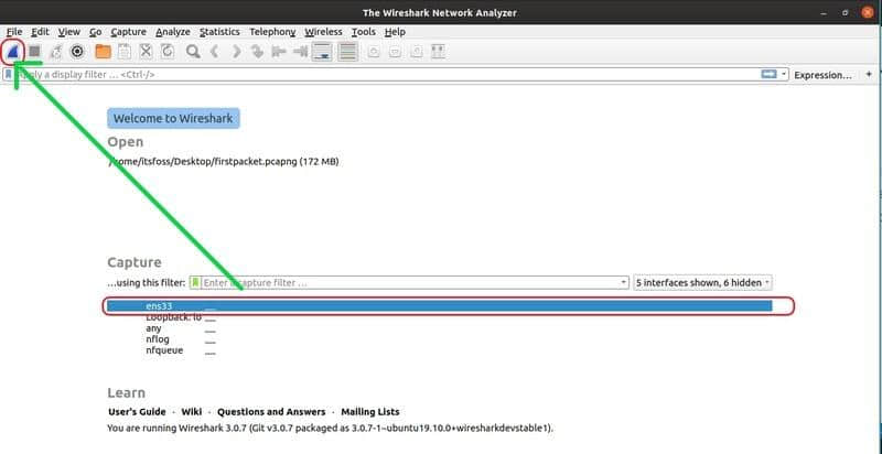 Start capturing packets with Wireshark