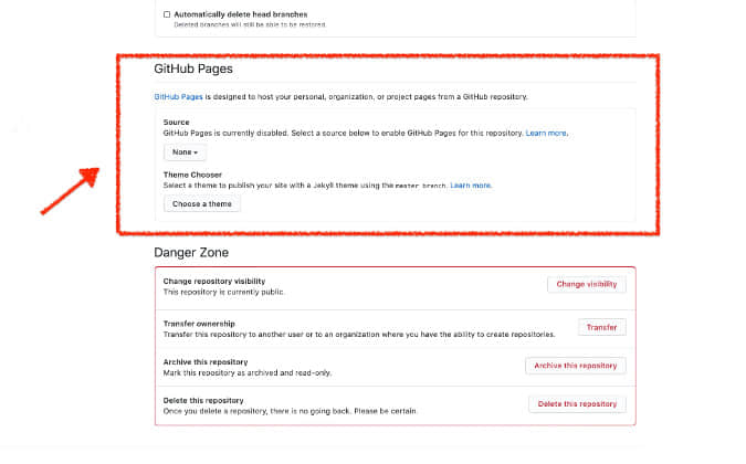 GitHub Pages settings