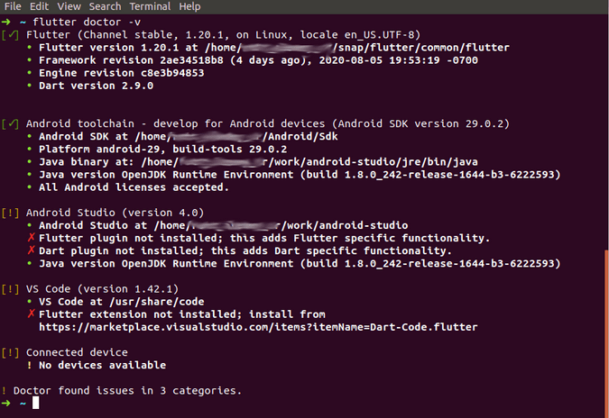 Checking Flutter installation with the doctor command