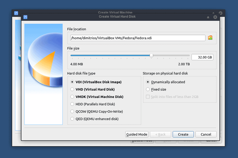 以 VDI 格式分配 15-20 GB 的磁盘空间