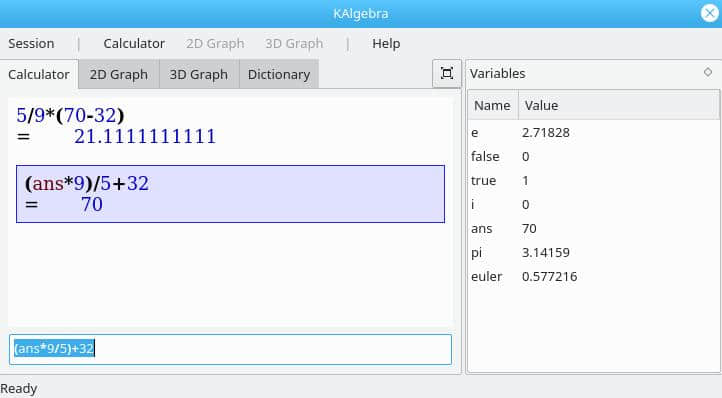 Temperature conversion in KAlgebra