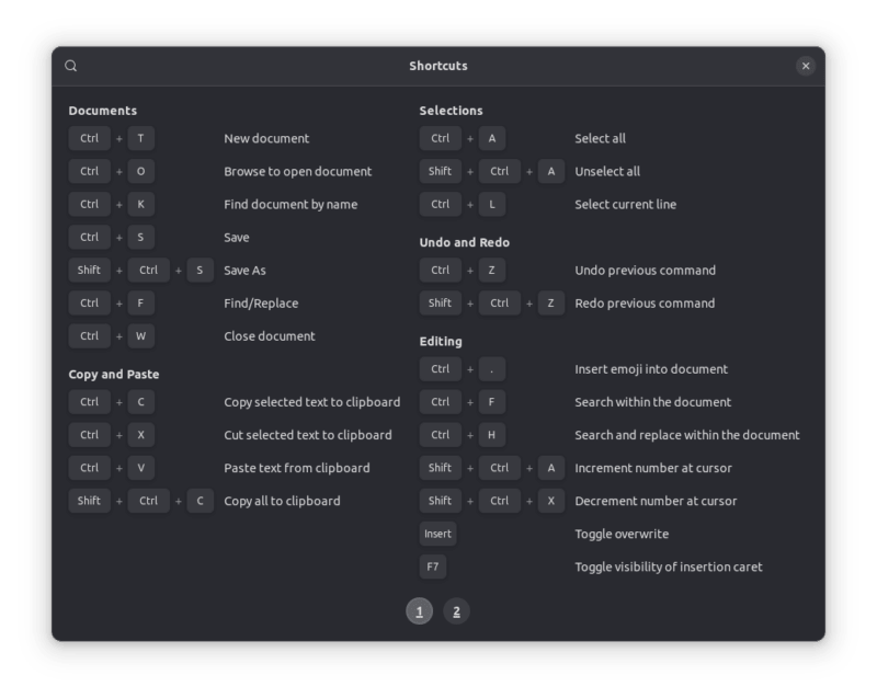 Keyboard shortcuts in Text Editor