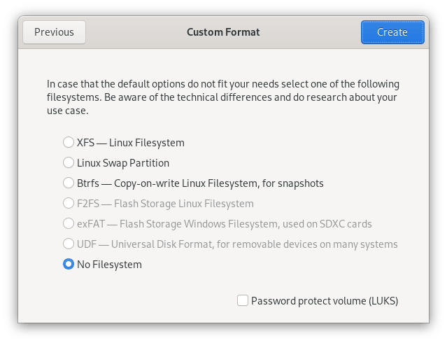 Setting "No filesystem" on new partition