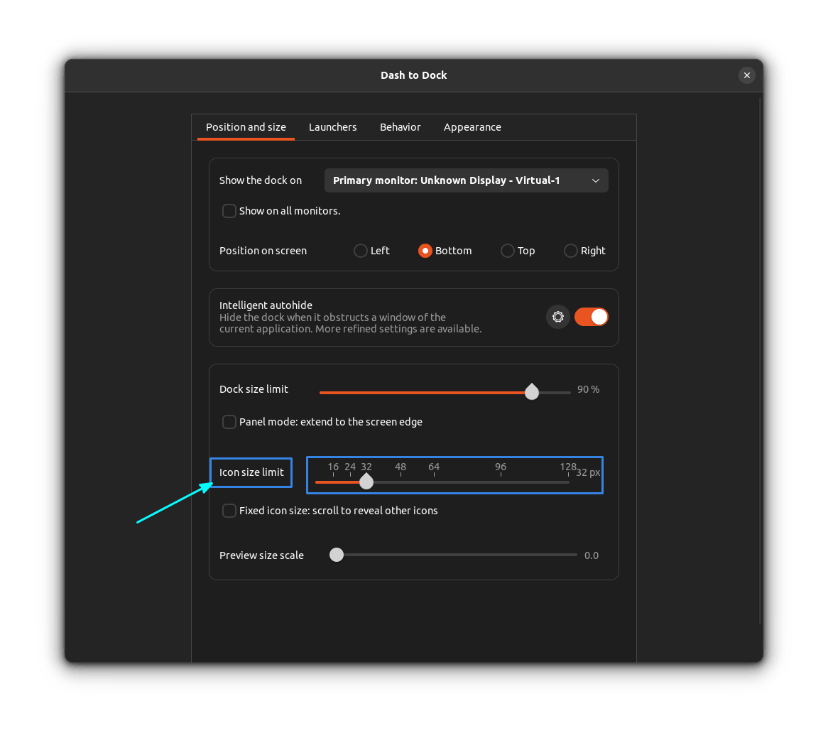 setting dash to dock icon size