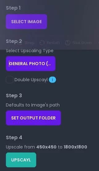The left panel of Upscayl provides clear guidance on the 4 steps required to upscale an image.