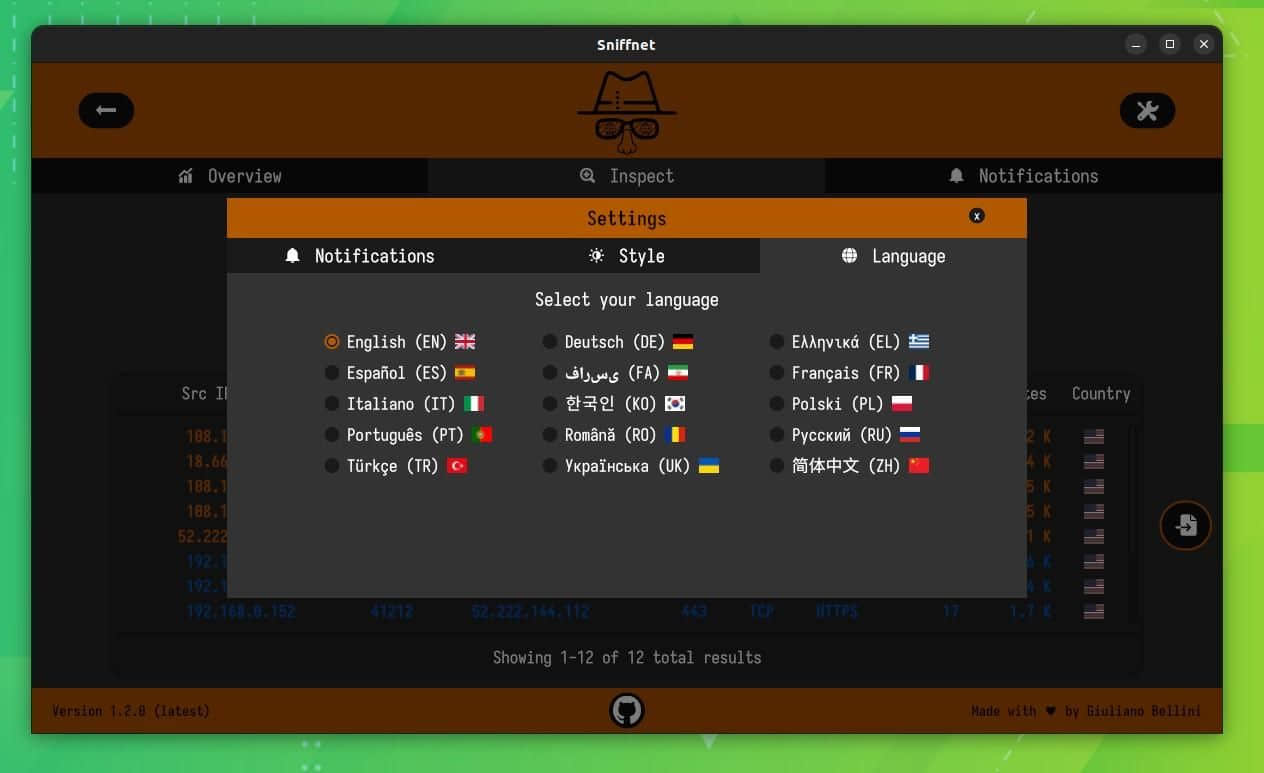 a screenshot of the language settings on sniffnet