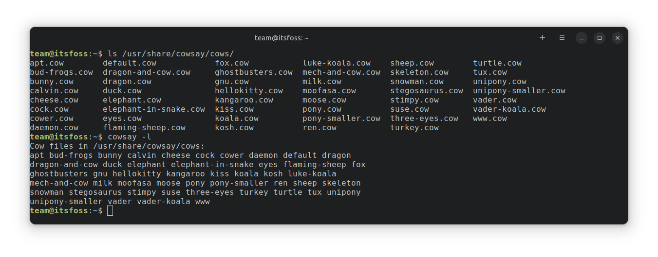 使用 "ls /usr/share/cowsay/cows/" 和 "cowsay -l" 列出的各种默认 cowsay 图像