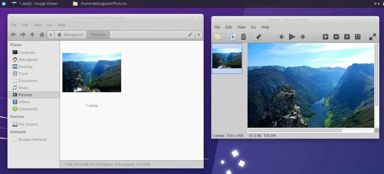 Thunar and Ristretto Image Viewer shows webp image